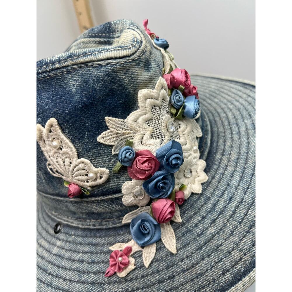 One Of A Kind Bucket Hat Women's Blue Denim Embellished Lace Floral Floppy Cap